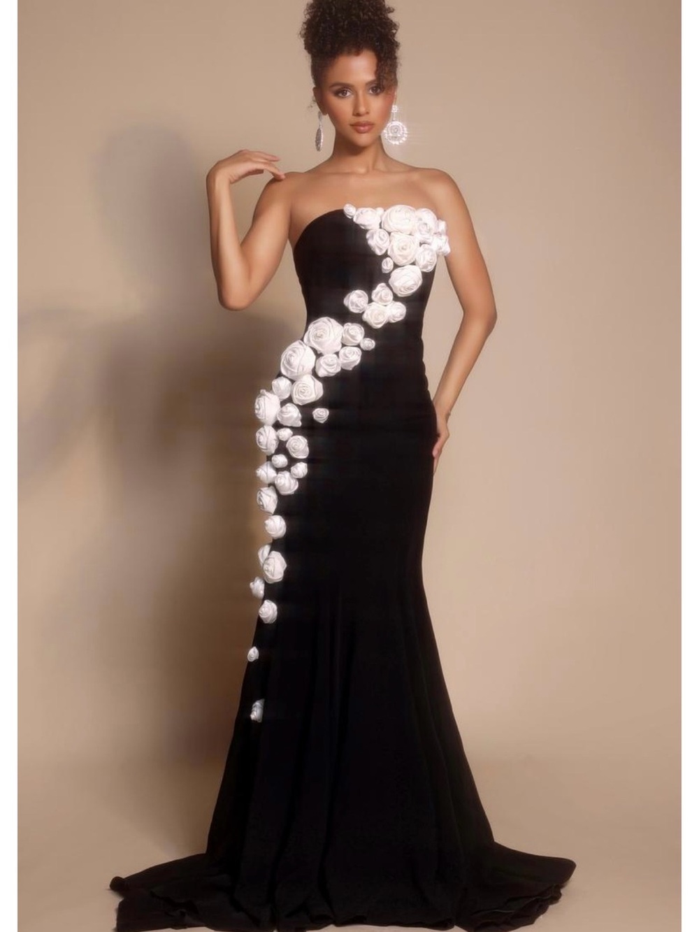 Portia and Scarlett Strapless Black Gown with White Rosette Cascade